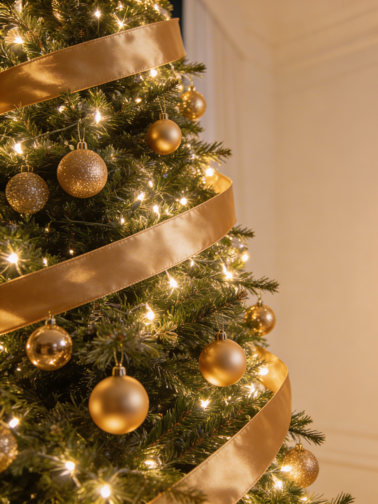 Close-up of a Christmas tree decorated with gold ornaments, gold ribbon, and warm white lights