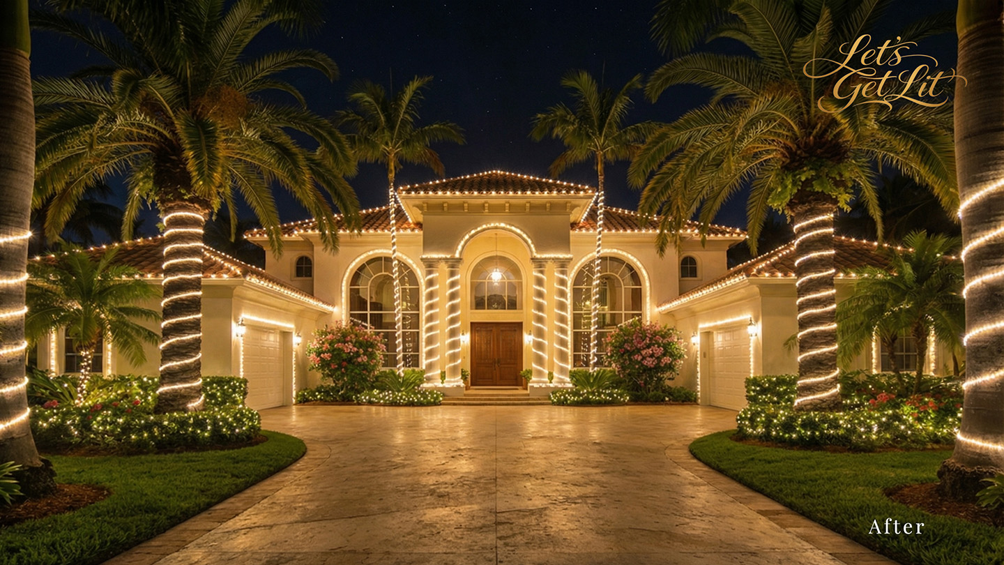 After photo of a Mediterranean South Florida estate decorated by Let's Get Lit with warm roofline lights and wrapped palms