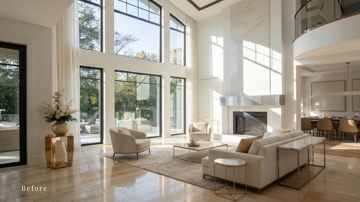Before photo of a modern double-height luxury living room in daylight, undecorated for the holidays