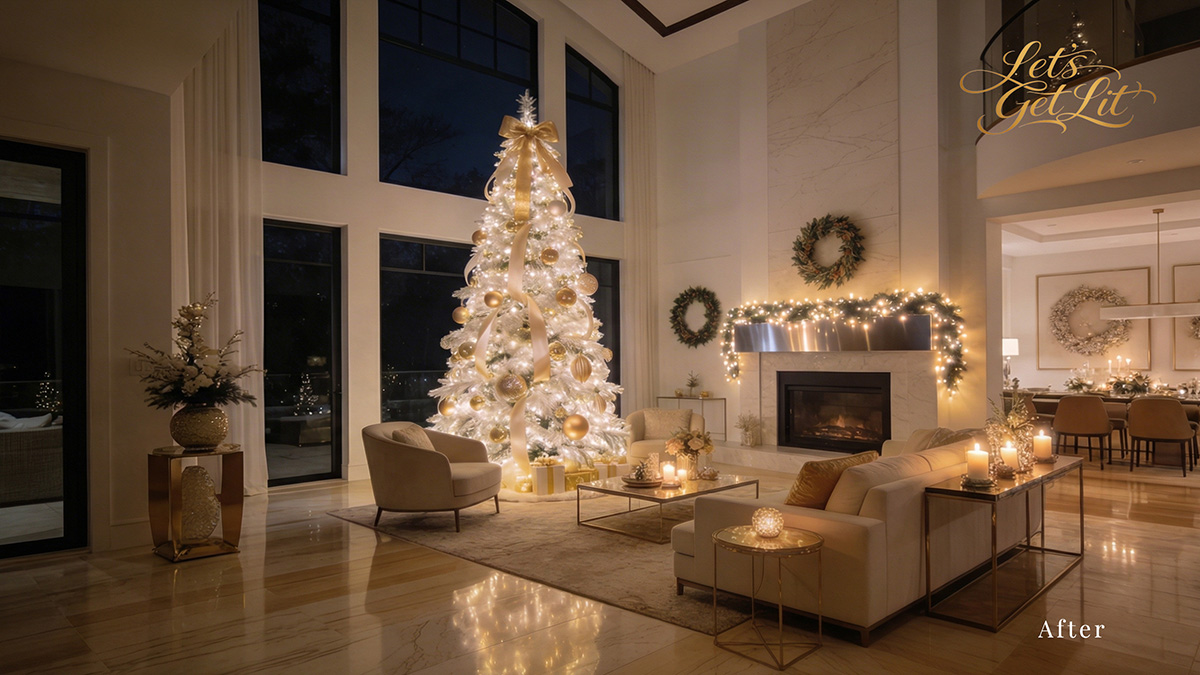 Luxury living room decorated by Let's Get Lit with a gold and white Christmas tree and lit fireplace garland