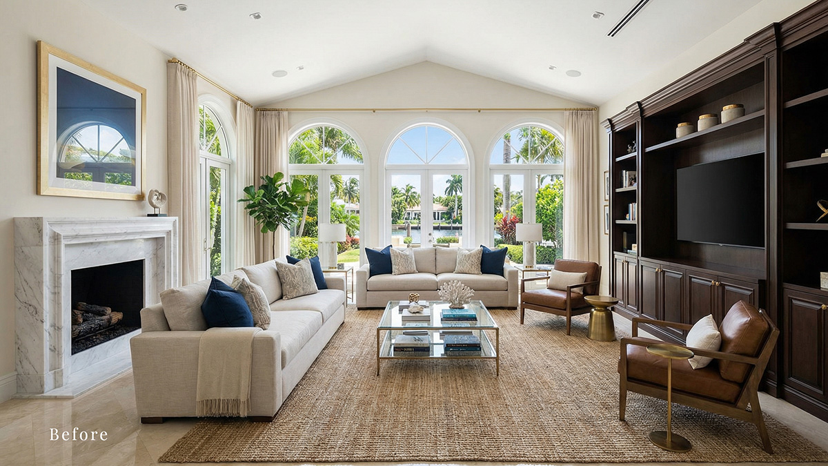 Before photo of an upscale South Florida living room with neutral décor and waterfront views, undecorated for the holidays