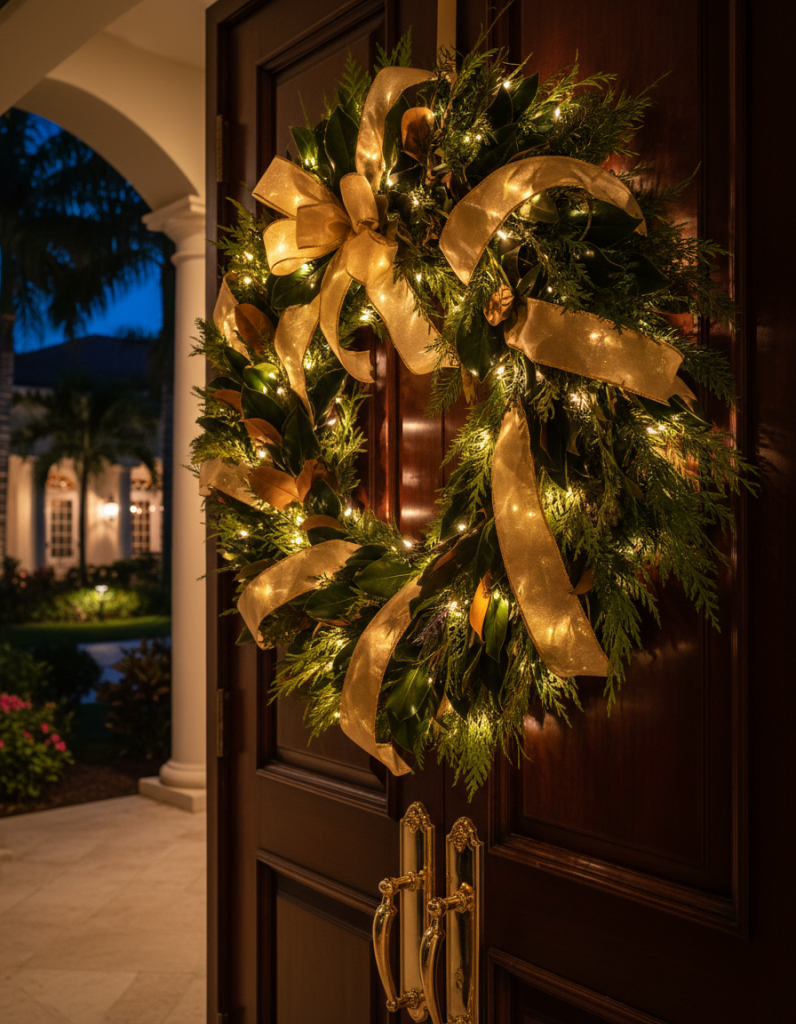 Lit greenery wreath with gold ribbon on a dark wood front door of a South Florida home at night