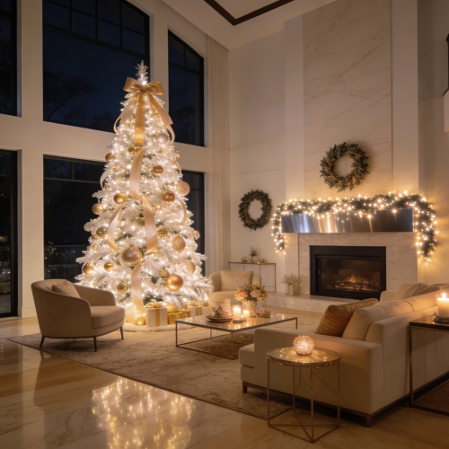 Luxury double-height living room decorated for the holidays with a gold and white Christmas tree and lit fireplace garland