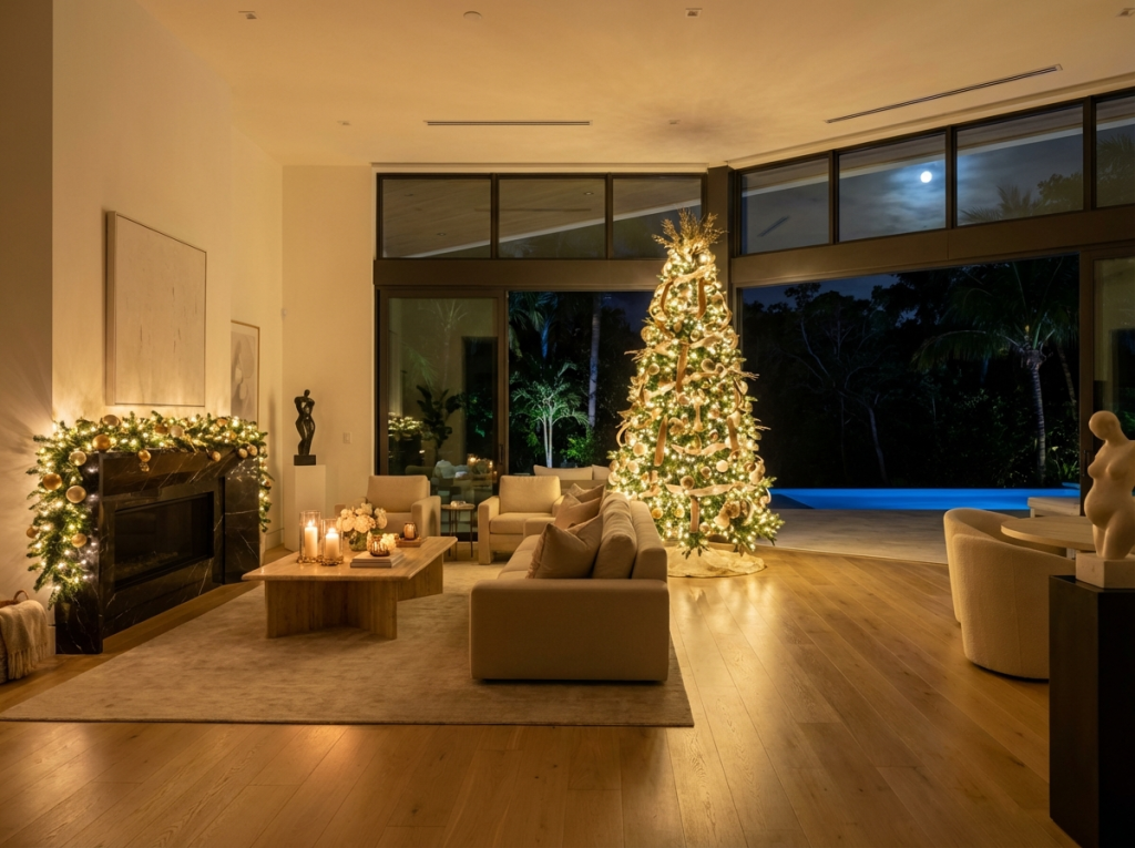Modern South Florida living room decorated for the holidays with a gold Christmas tree and pool view at night