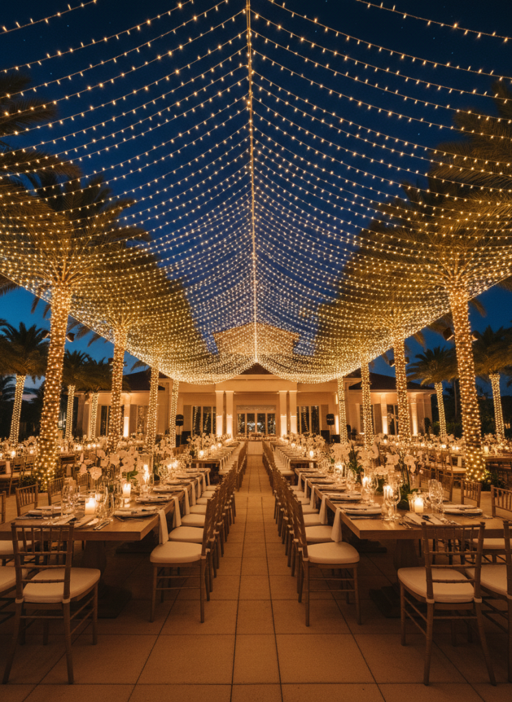 Outdoor evening event with a canopy of warm string lights, light-wrapped palm trees, and elegant banquet tables