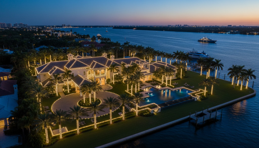 Aerial view of a waterfront South Florida estate outlined in holiday lights at dusk with light-wrapped palms and yachts