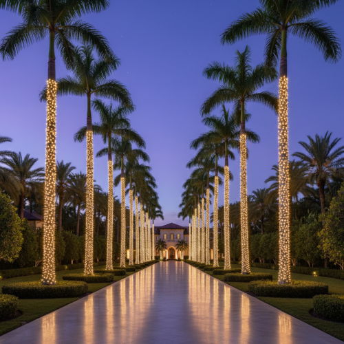 Long estate driveway lined with light-wrapped palm trees leading to an illuminated South Florida mansion at dusk