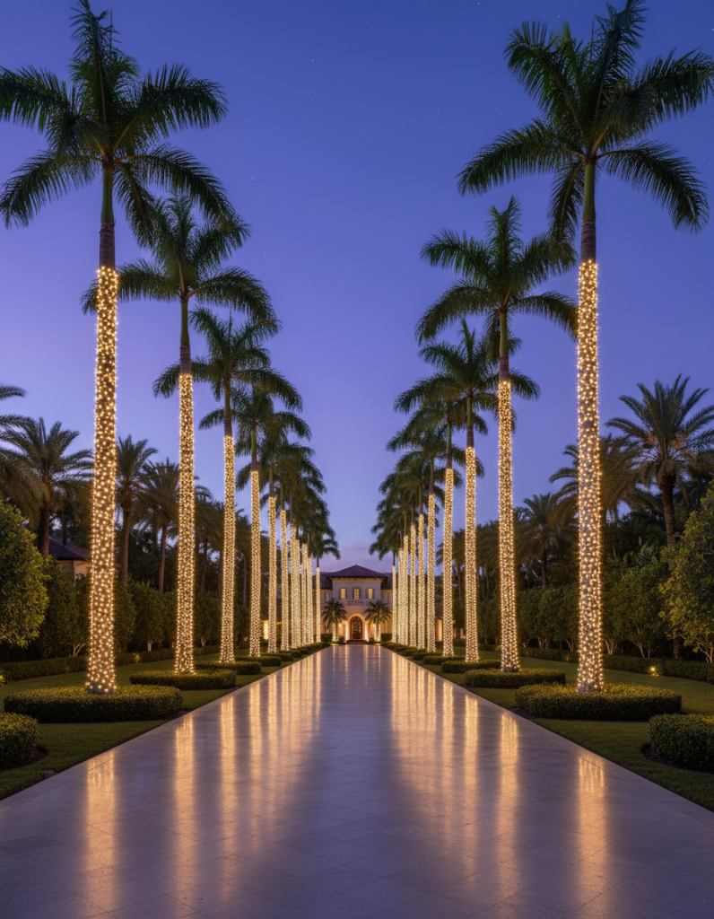 Long estate driveway lined with light-wrapped palm trees leading to an illuminated South Florida mansion at dusk