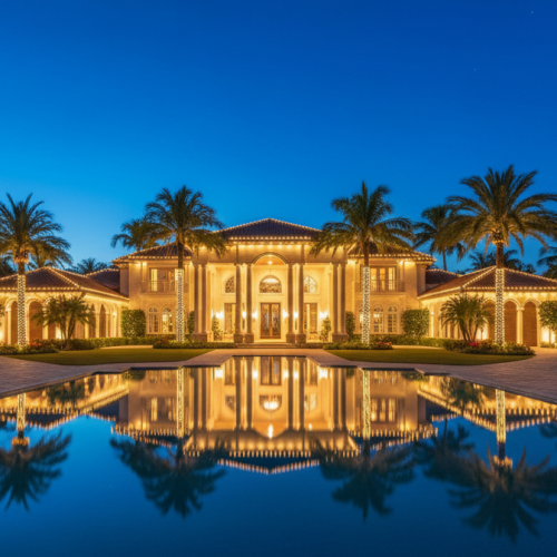 Grand South Florida mansion at dusk with light-wrapped palms and warm lighting reflected in a long pool
