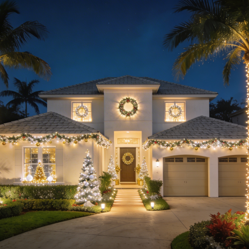 Two-story South Florida home at night decorated with roofline lights, wreaths, garland, and light-wrapped palm trees