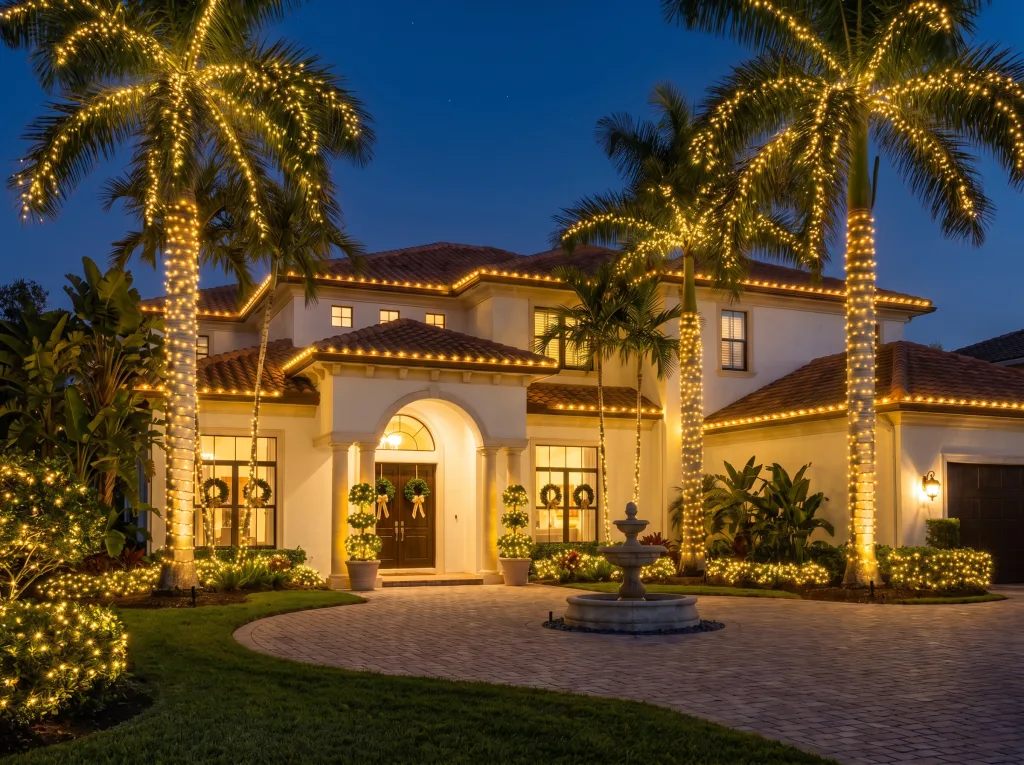 Luxury South Florida estate with palm trees and warm outdoor holiday lighting at night