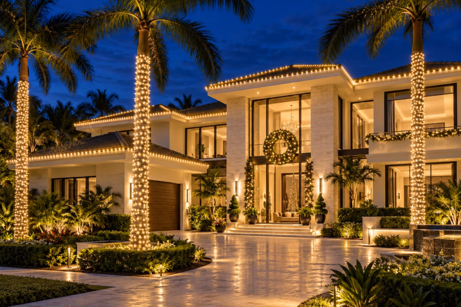 Warm white holiday lights outlining a South Florida home's roofline and wrapping palm trunks beside the entrance.