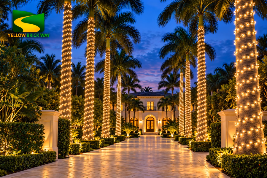 Palm tree trunks wrapped in evenly spaced warm white Christmas lights beside a home.